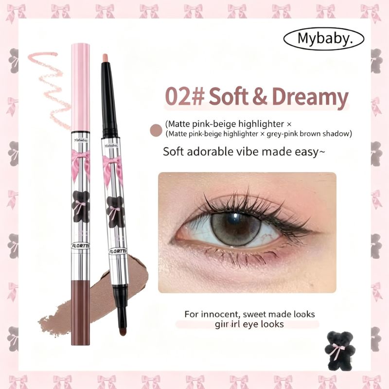FLORTTE Double-Sided Eyeshadow Pencil – Dual-Ended Under Eye Highlight & Contour Stick for Natural Eye Makeup Princess Aegyo Sal Volumizing