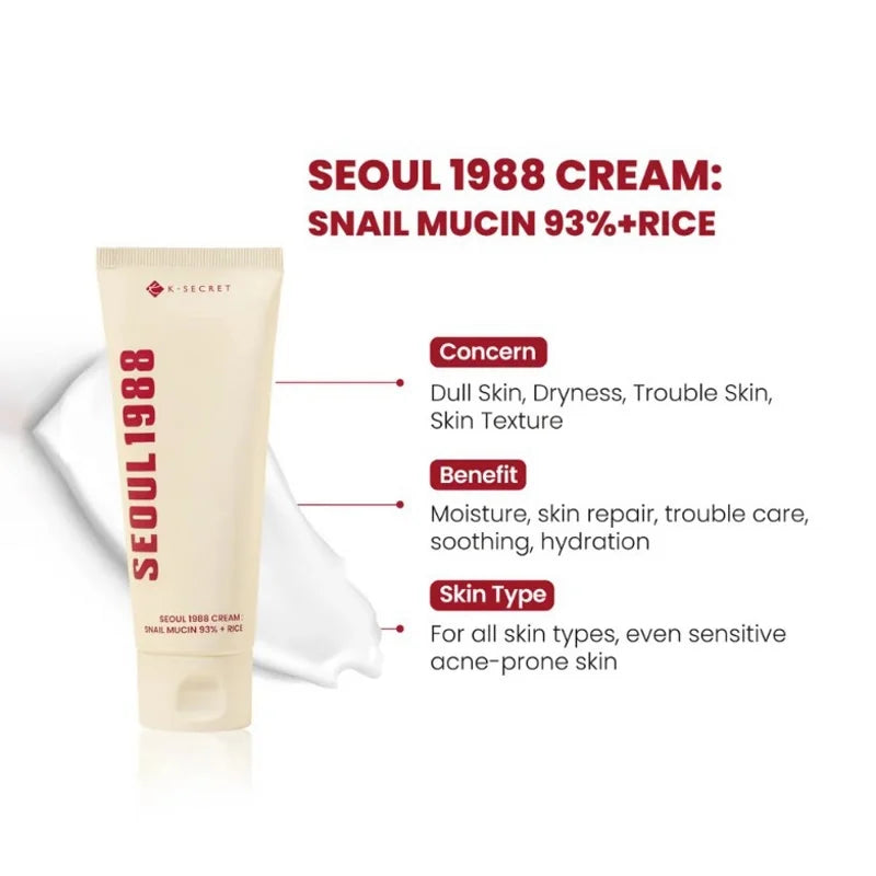 K-Secret Seoul 1988 Cream 100ml – Snail Mucin 93% + Rice Hydrating Facial Cream