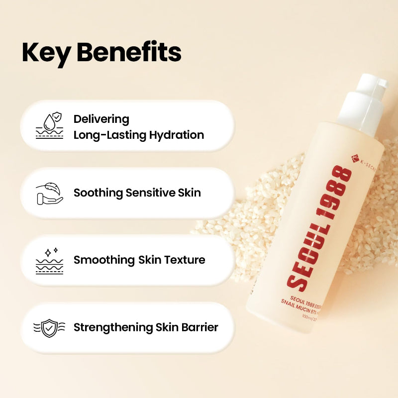 K-Secret Seoul 1988 Essence 100ml – Snail Mucin 97% + Rice Hydrating Facial Essence