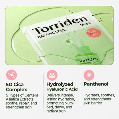 Torriden Mask Sheet Set: 4pc Balanceful Cica Soothing + 1pc Dive-In Low Molecular Hyaluronic Acid Hydrating Mask