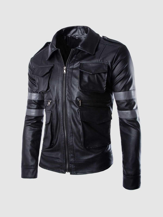 Black Leather Jacket with Gray Stripes